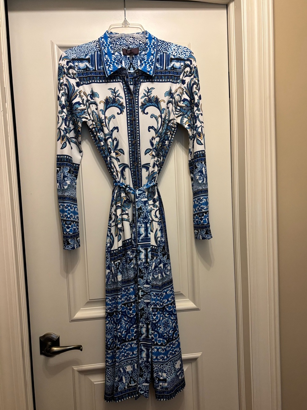 Blue and White Printed Shirt Midi Dress with Tie Waist